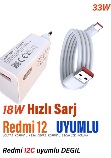 Xiaomi Redmi 12 Uyumlu Hızlı Şarj Aleti ve Kablosu Hızlı Şarj Cihazı 33W