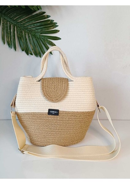 Ekru Jüt Omuz ve El Çantası, Şık ve Doğal Tasarım ile Günlük Kullanıma Uygun