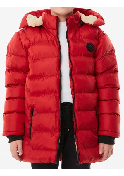 Erkek Çocuk /kız Çocuk Armalı Kapüşonlu Kırmızı Şişme Mont