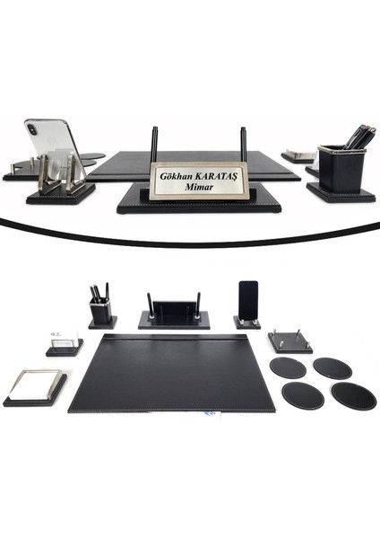 Aksu Krom Detaylı Isimlikli Sümen Takımı Lüks Ofis Seti Yeni Iş Ofis Hediyesi Masa Isimliği Siyah
