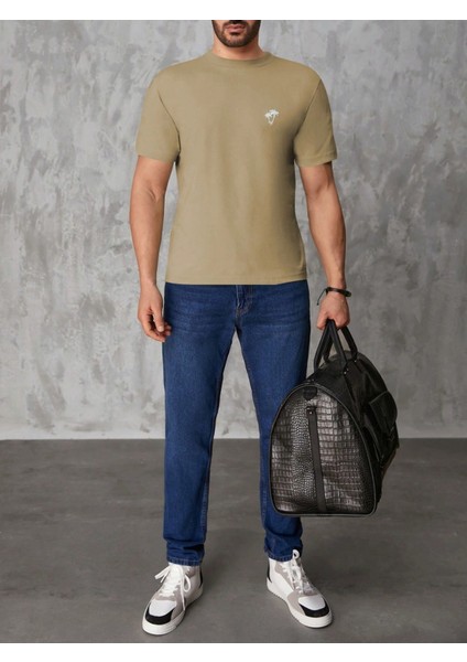 Erkek Bej Bisiklet Yaka Göğsü Palmiye Baskılı T-Shirt fiyatları