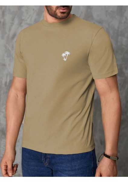 Erkek Bej Bisiklet Yaka Göğsü Palmiye Baskılı T-Shirt modelleri