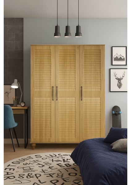 Pera Wood 3 Kapaklı Genç Odası Dolabı | MDF Gövde | Doğal Görünümlü Panjur Kapak | Ağaç Ayaklı ve Fonksiyonel Tasarım