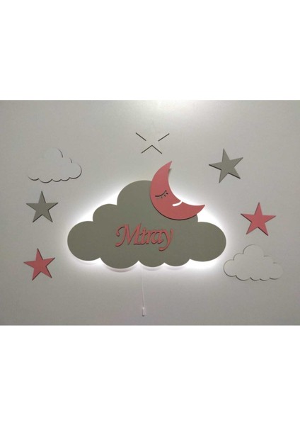 Pembe Ahşap Bulut Işıklı Gece Lambası, Çocuk Odası Dekoratif Aydınlatma Seti