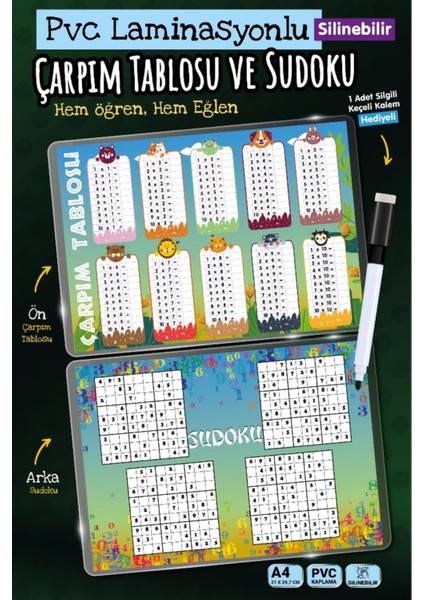 A4 Çarpım Tablosu Sudoku Yaz Sil Pvc Kaplı Kalemli Hediyeli T1465