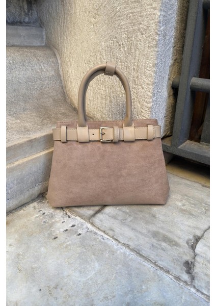 Vizon Süet Çift Gözlü Kadın El ve Omuz Çanta, Kemer Aksesuarlı