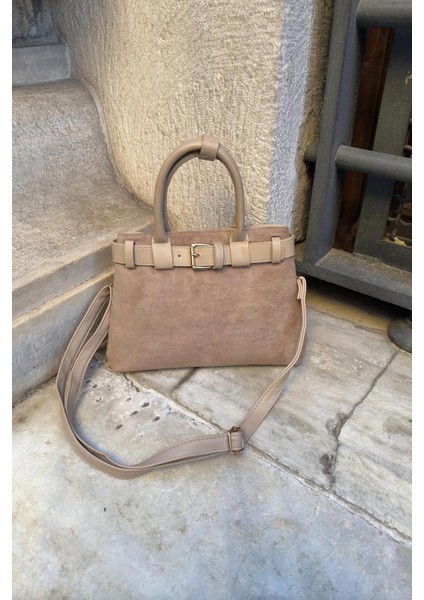 Vizon Süet Çift Gözlü Kadın El ve Omuz Çanta, Kemer Aksesuarlı fırsatları