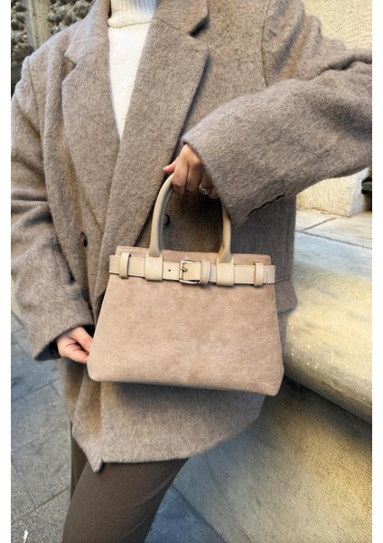 Vizon Süet Çift Gözlü Kadın El ve Omuz Çanta, Kemer Aksesuarlı