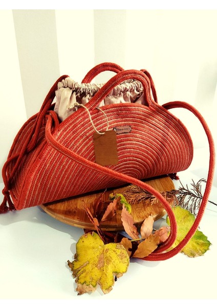 El Yapımı Kiremit Rengi Hasır Çanta, El, Yan ve Omuz Kullanımına Uygun, Şık ve Hafif