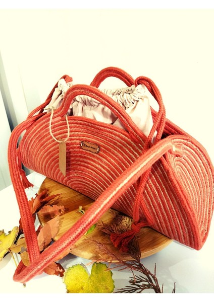 El Yapımı Kiremit Rengi Hasır Çanta, El, Yan ve Omuz Kullanımına Uygun, Şık ve Hafif modelleri