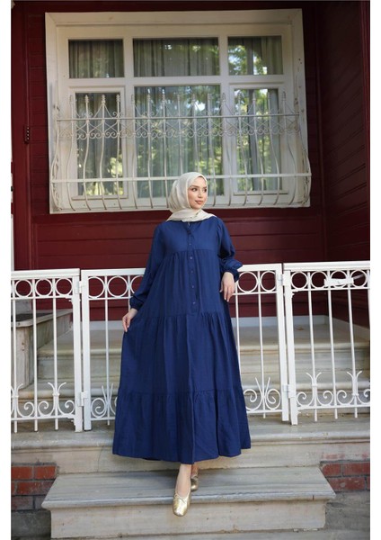 Yarı Düğmeli Pileli ve Lastik Kollu Uzun Salaş Elbise - (38-46) - 71277 - Indigo