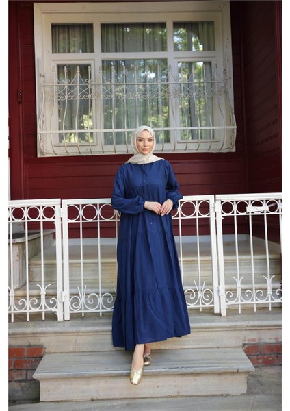 Yarı Düğmeli Pileli ve Lastik Kollu Uzun Salaş Elbise - (38-46) - 71277 - Indigo fiyatları
