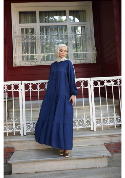 Yarı Düğmeli Pileli ve Lastik Kollu Uzun Salaş Elbise - (38-46) - 71277 - Indigo modelleri