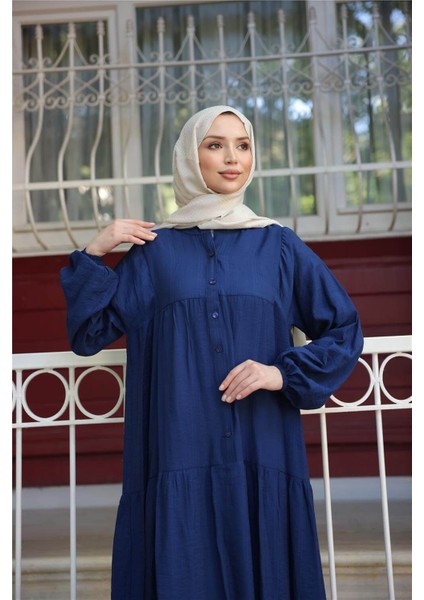 Yarı Düğmeli Pileli ve Lastik Kollu Uzun Salaş Elbise - (38-46) - 71277 - Indigo fırsatları