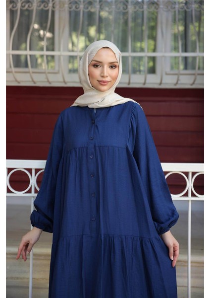 Yarı Düğmeli Pileli ve Lastik Kollu Uzun Salaş Elbise - (38-46) - 71277 - Indigo indirimleri