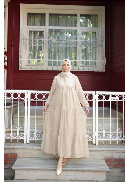 Yarı Düğmeli Pileli ve Lastik Kollu Uzun Salaş Elbise - (38-46) - 71277 - Bej