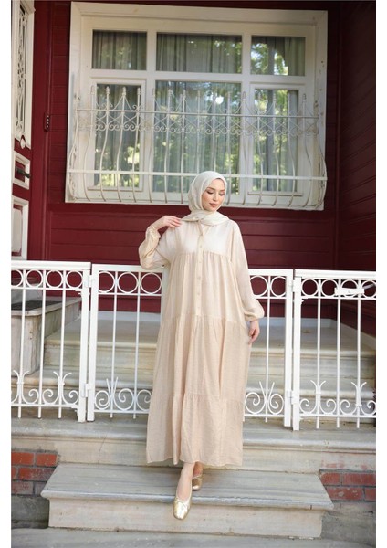 Yarı Düğmeli Pileli ve Lastik Kollu Uzun Salaş Elbise - (38-46) - 71277 - Bej modelleri