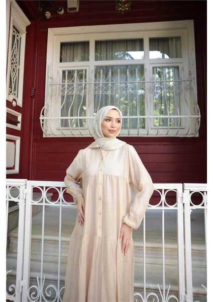 Yarı Düğmeli Pileli ve Lastik Kollu Uzun Salaş Elbise - (38-46) - 71277 - Bej fırsatları