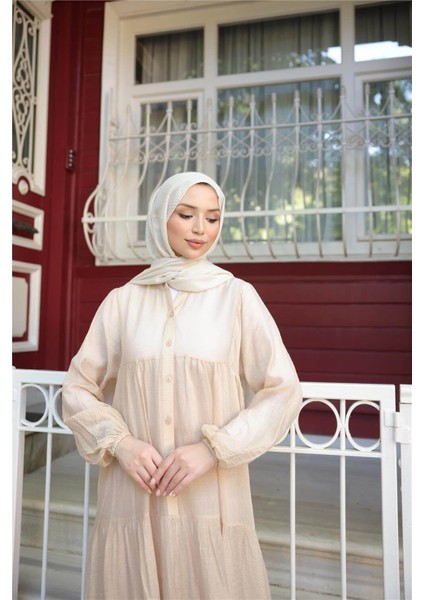 Yarı Düğmeli Pileli ve Lastik Kollu Uzun Salaş Elbise - (38-46) - 71277 - Bej indirimleri