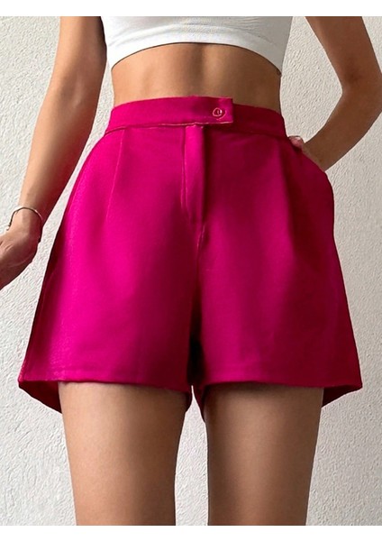 Kadın Pembe Önü Pileli Cep Detaylı Yüksek Bel Mini Şort