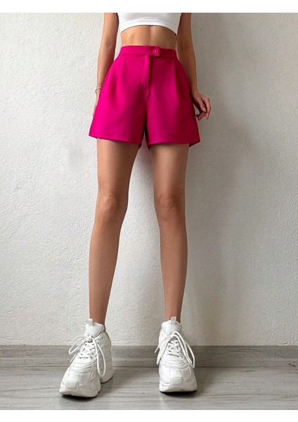 Kadın Pembe Önü Pileli Cep Detaylı Yüksek Bel Mini Şort fiyatları