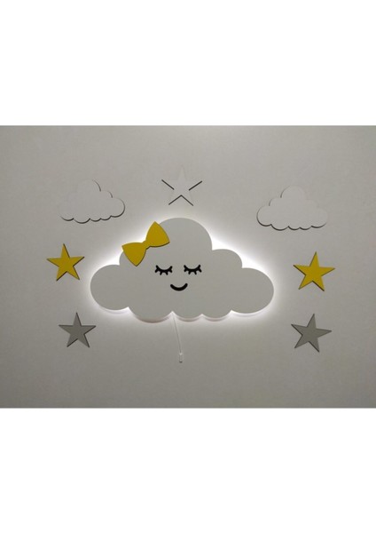 Işıklı Bulut Ahşap Gece Lambası, Ledli Dekoratif Çocuk Odası Aydınlatması