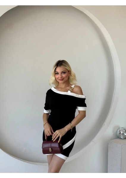 Kadın Kısa Kollu Asimetrik Kesim Yaka Şerit ve Aksesuar Detaylı Modal Elbise fırsatları