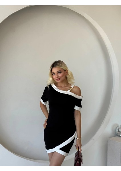 Kadın Kısa Kollu Asimetrik Kesim Yaka Şerit ve Aksesuar Detaylı Modal Elbise indirimleri