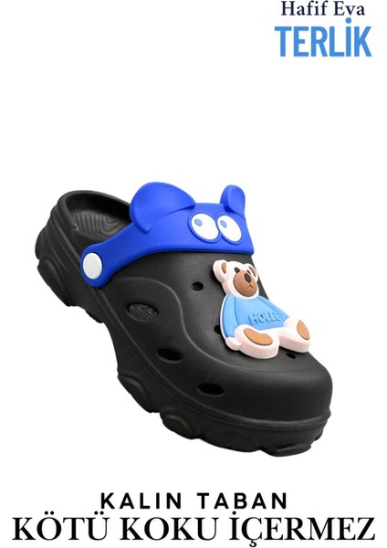 Gözlük Desen Ayıcıklı Eva Çocuk Plaj Havuz Terlik Sabo Terlik Siyah Mavi