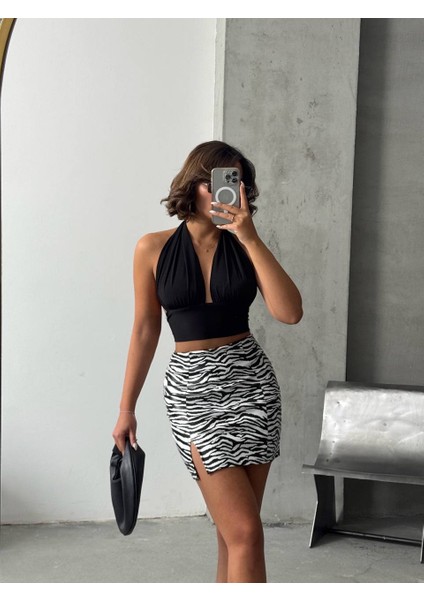 Zebra Desenli Suni Deri Yırtmaçlı Etek fiyatları
