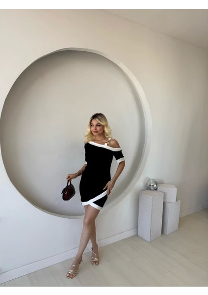 Kadın Kısa Kollu Asimetrik Kesim Yaka Şerit ve Aksesuar Detaylı Modal Elbise fiyatları