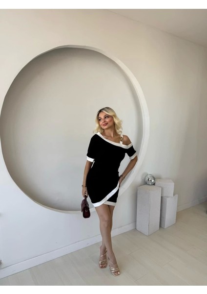 Kadın Kısa Kollu Asimetrik Kesim Yaka Şerit ve Aksesuar Detaylı Modal Elbise modelleri