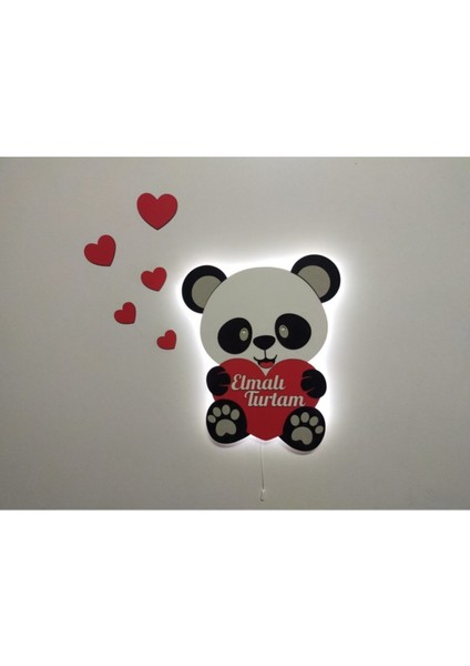 Ahşap Kalpli Panda Gece Lambası, Işıklı Dekoratif Aydınlatma, Hediyelik Tasarım