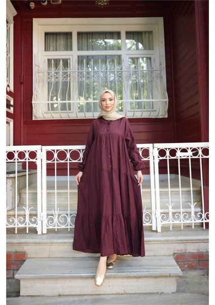 Yarı Düğmeli Pileli ve Lastik Kollu Uzun Salaş Elbise - (38-46) - 71277 - Bordo