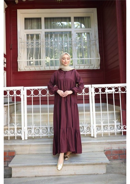 Yarı Düğmeli Pileli ve Lastik Kollu Uzun Salaş Elbise - (38-46) - 71277 - Bordo fiyatları