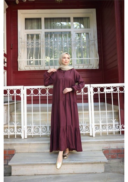 Yarı Düğmeli Pileli ve Lastik Kollu Uzun Salaş Elbise - (38-46) - 71277 - Bordo modelleri