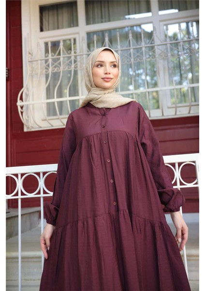 Yarı Düğmeli Pileli ve Lastik Kollu Uzun Salaş Elbise - (38-46) - 71277 - Bordo fırsatları