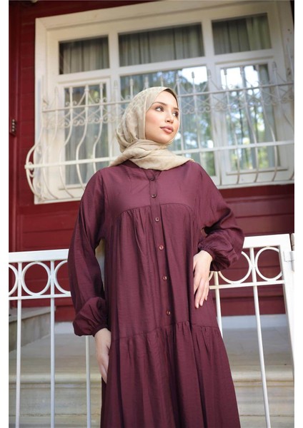 Yarı Düğmeli Pileli ve Lastik Kollu Uzun Salaş Elbise - (38-46) - 71277 - Bordo indirimleri