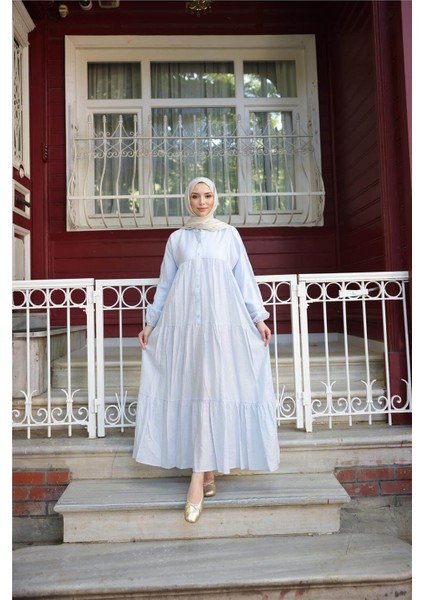 Yarı Düğmeli Pileli ve Lastik Kollu Uzun Salaş Elbise - (38-46) - 71277 - Mavi