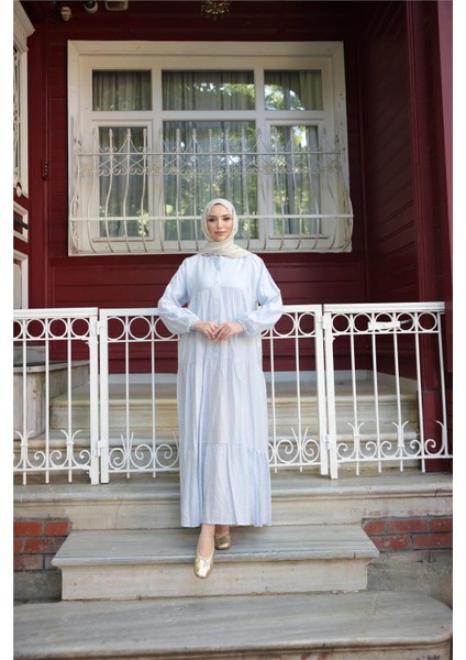 Yarı Düğmeli Pileli ve Lastik Kollu Uzun Salaş Elbise - (38-46) - 71277 - Mavi fiyatları