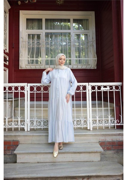 Yarı Düğmeli Pileli ve Lastik Kollu Uzun Salaş Elbise - (38-46) - 71277 - Mavi modelleri