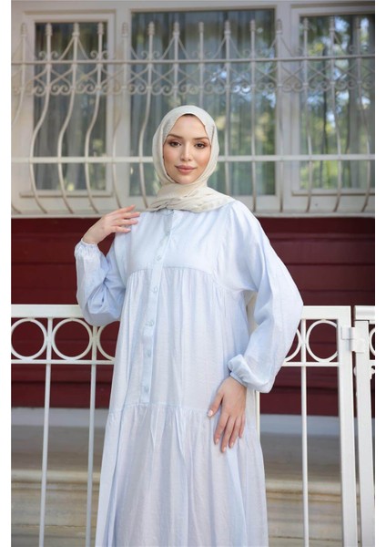 Yarı Düğmeli Pileli ve Lastik Kollu Uzun Salaş Elbise - (38-46) - 71277 - Mavi fırsatları