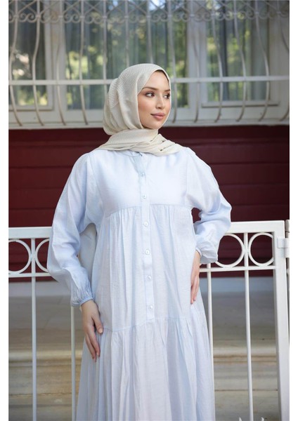 Yarı Düğmeli Pileli ve Lastik Kollu Uzun Salaş Elbise - (38-46) - 71277 - Mavi indirimleri