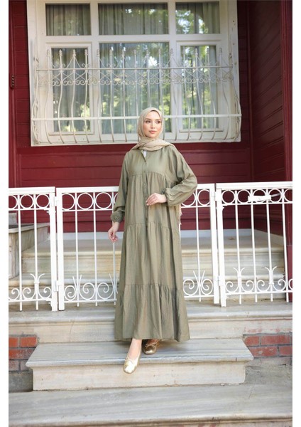 Yarı Düğmeli Pileli ve Lastik Kollu Uzun Salaş Elbise - (38-46) - 71277 - Haki