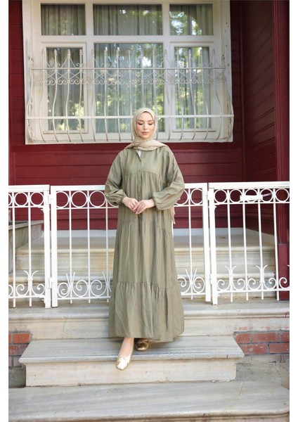 Yarı Düğmeli Pileli ve Lastik Kollu Uzun Salaş Elbise - (38-46) - 71277 - Haki fiyatları