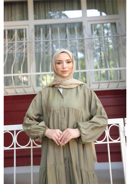 Yarı Düğmeli Pileli ve Lastik Kollu Uzun Salaş Elbise - (38-46) - 71277 - Haki modelleri