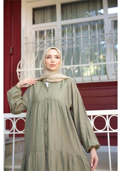 Yarı Düğmeli Pileli ve Lastik Kollu Uzun Salaş Elbise - (38-46) - 71277 - Haki fırsatları