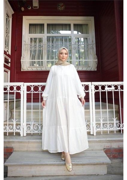 Yarı Düğmeli Pileli ve Lastik Kollu Uzun Salaş Elbise - (38-46) - 71277 - Ekru modelleri