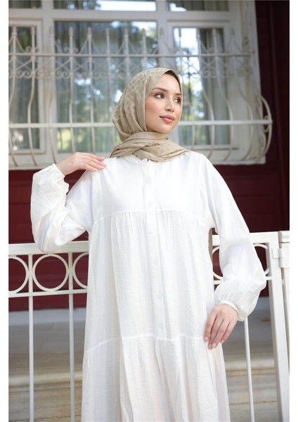 Yarı Düğmeli Pileli ve Lastik Kollu Uzun Salaş Elbise - (38-46) - 71277 - Ekru fırsatları