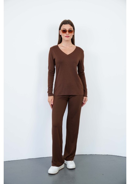 Yumuşak, Rahat ve Şık Viskon V Yaka Tişört-Kahverengi fiyatları